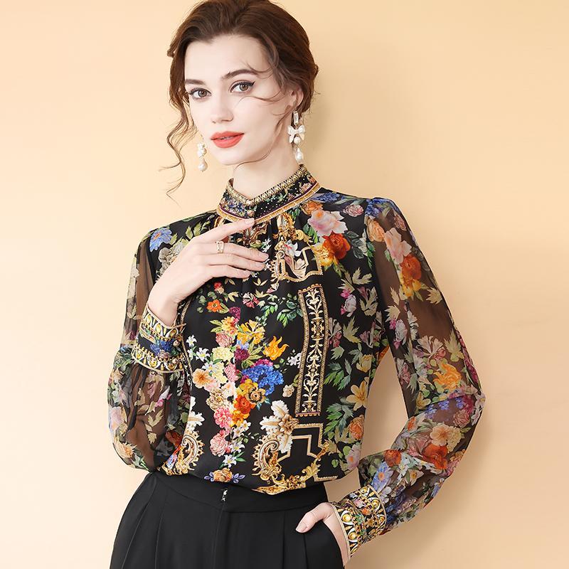 Chemise à manches longues à col montant pour femme, pull élégant, haut polyvalent, imprimé rétro, simulé, nouveau style, printemps 2025