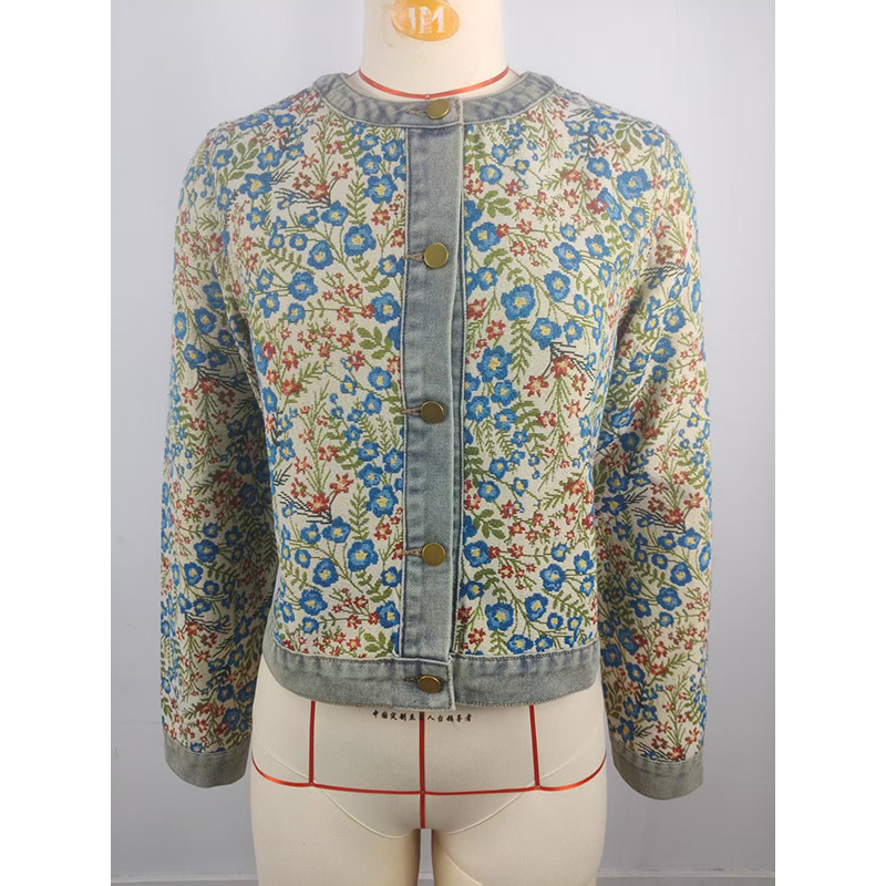 Benuynffy – Nouvelle veste en jean rétro jacquard à manches longues pour femme, col rond, simple boutonnage, décontractée, courte, collection Printemps 2026