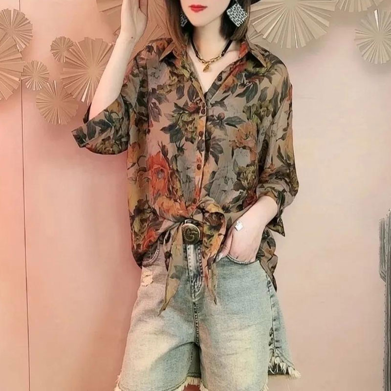 Chemisier imprimé à fleurs vintage pour femmes, chemise bandage, revers de trajet, simple boutonnage, manches 3/4, printemps, été, vêtements pour femmes, nouveau