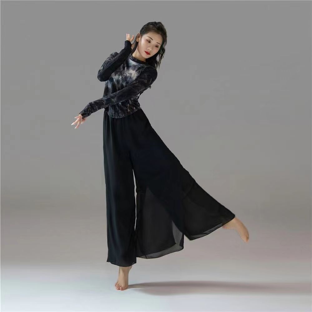 Nouvelle danse moderne danse classique noir cravate-teinture haut Performance pratique Costume Yoga fluide en mousseline de soie pantalon à jambes larges
