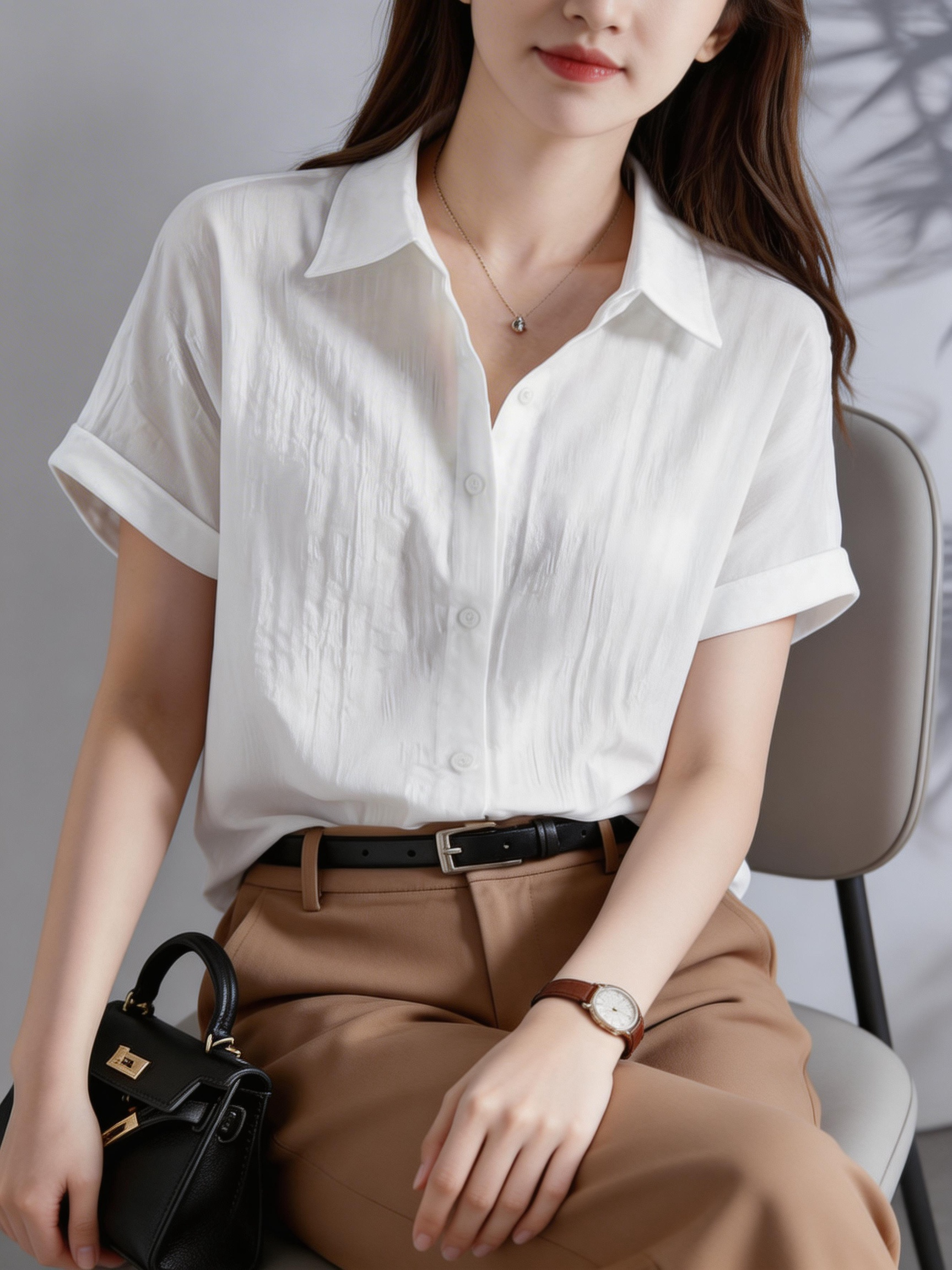 Chemise blanche décontractée pour femmes, chemisier à manches courtes et col en V, vêtements de travail de bureau, chemisier texturé respirant