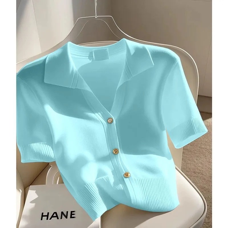Cardigan à manches courtes pour femme, T-shirt tricoté, décontracté, assorti avec tout, ample, nouvelle collection été 2025