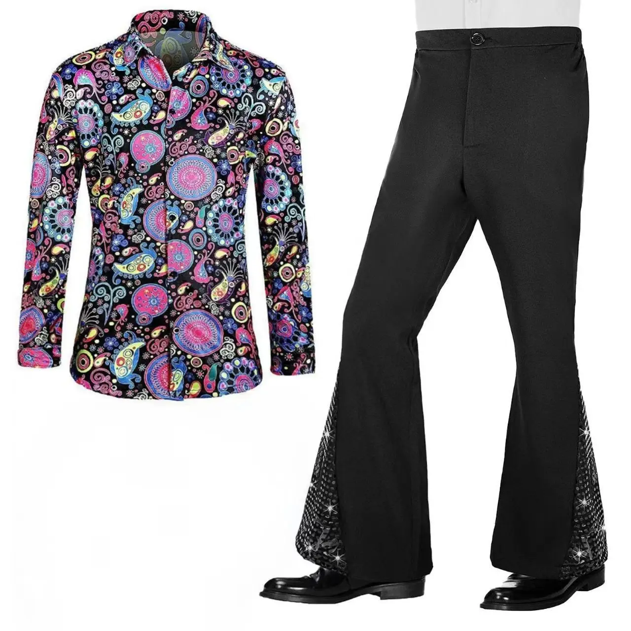 Ensemble chemise et pantalon pattes d'éléphant pour homme, style disco décontracté classique, imprimé années 70, haut avec pantalon évasé, costume de cosplay de carnaval