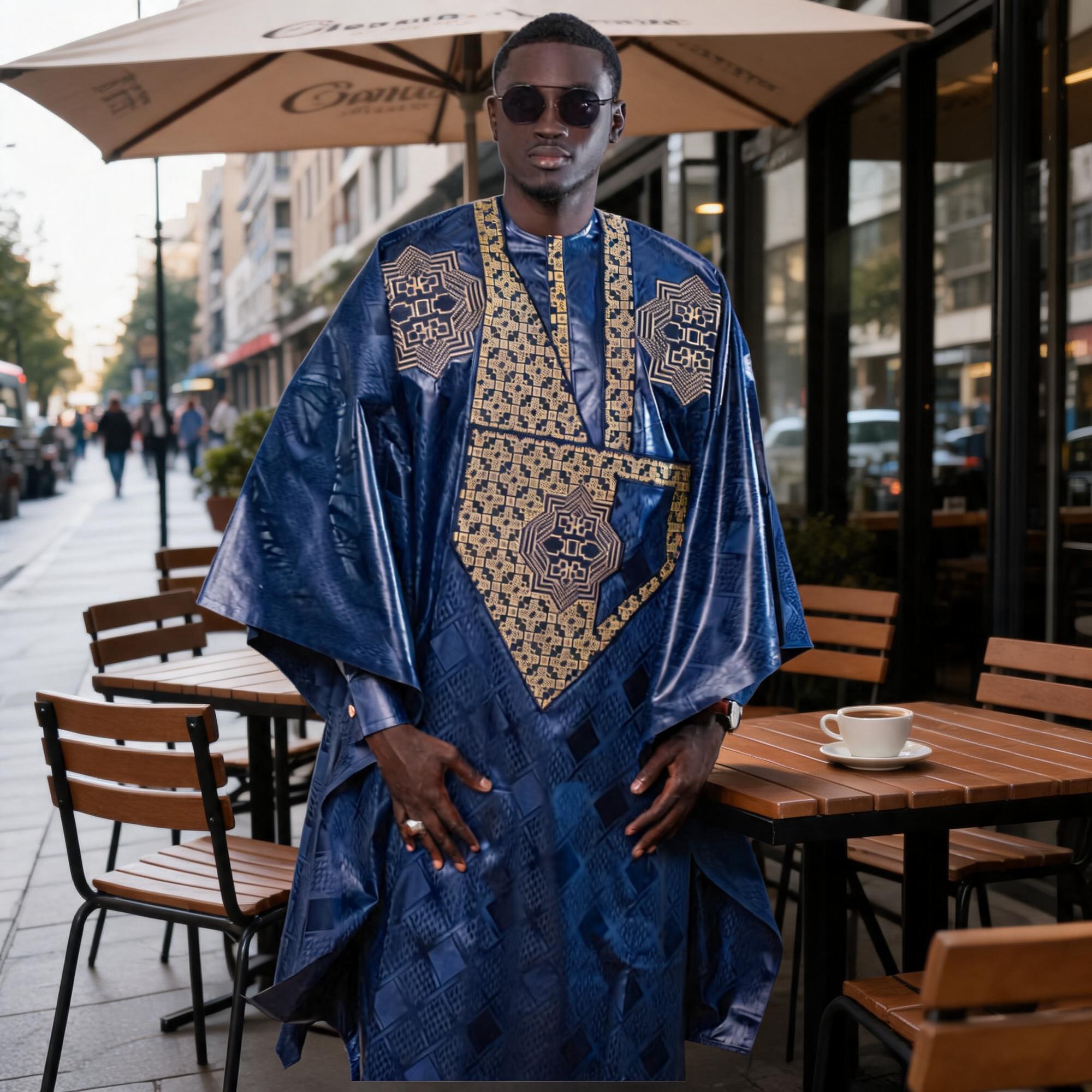 Vêtements africains pour hommes, design traditionnel brodé Bazin Riche, haut à manches longues, ensemble 3 pièces