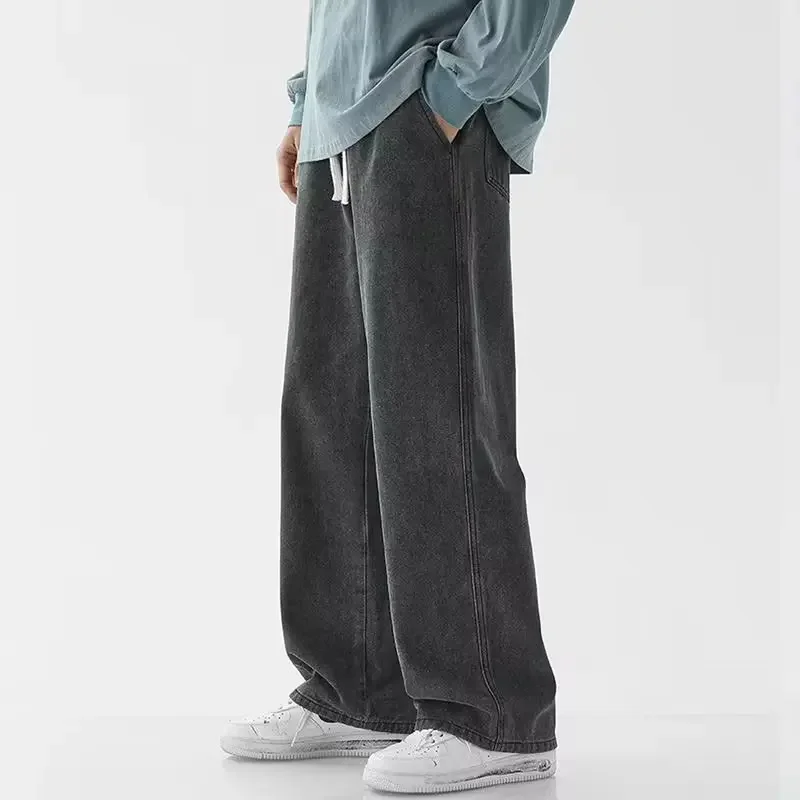Jean ample en polaire pour hommes, taille élastique, jambes larges, pantalon en Denim Y2K, droit et confortable, vêtements de marque, hiver