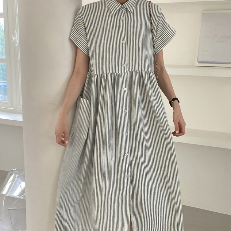 REALEFT-Robe chemise rayée à simple boutonnage pour femme, vintage, décontractée, droite, coréenne, poches, été, 2024