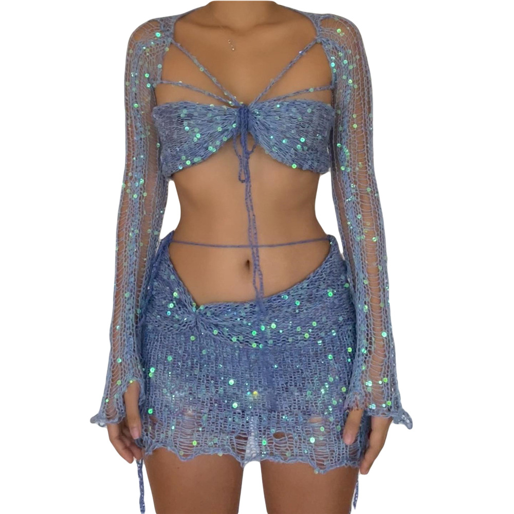 Ensemble de robes pull trois pièces pour femmes, robe évidée, haut court à manches longues, soutien-gorge et jupes, paillettes de fête