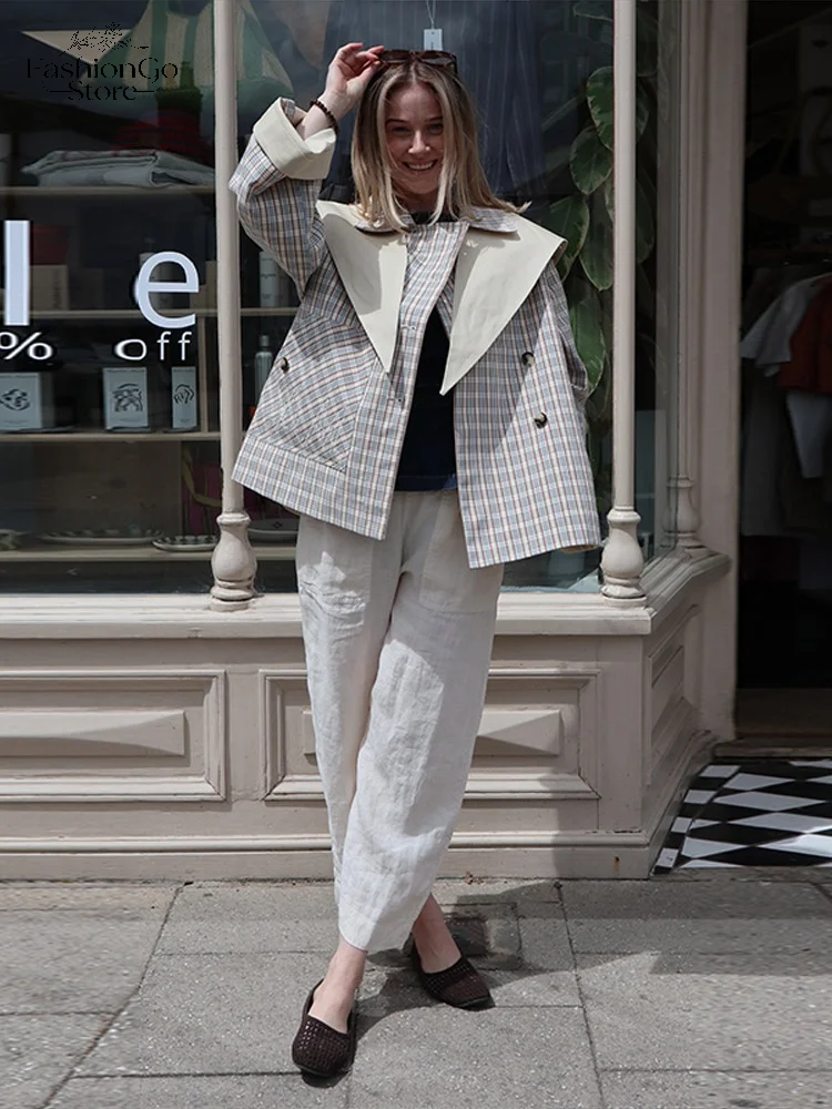 Veste courte pour femme à carreaux et patchwork, double boutonnage, manches longues, col marin contrastant, poches, coupe ample, décontractée, 2026