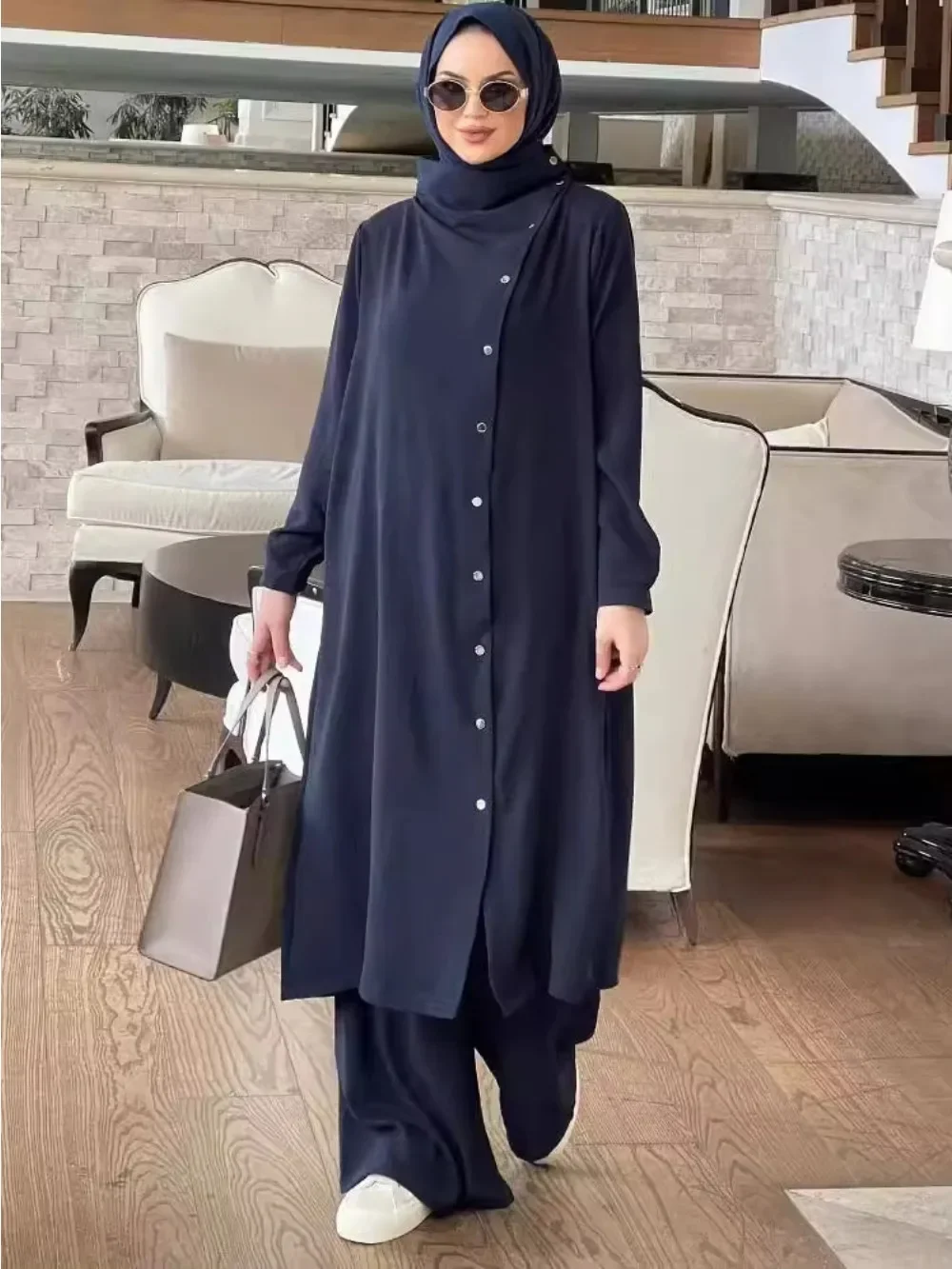 Ensemble 2 pièces pour femmes musulmanes, Cardigan Long, chemise avec pantalon à jambes larges, costume à simple boutonnage, tenues marocaines de dubaï, Ensemble musulman
