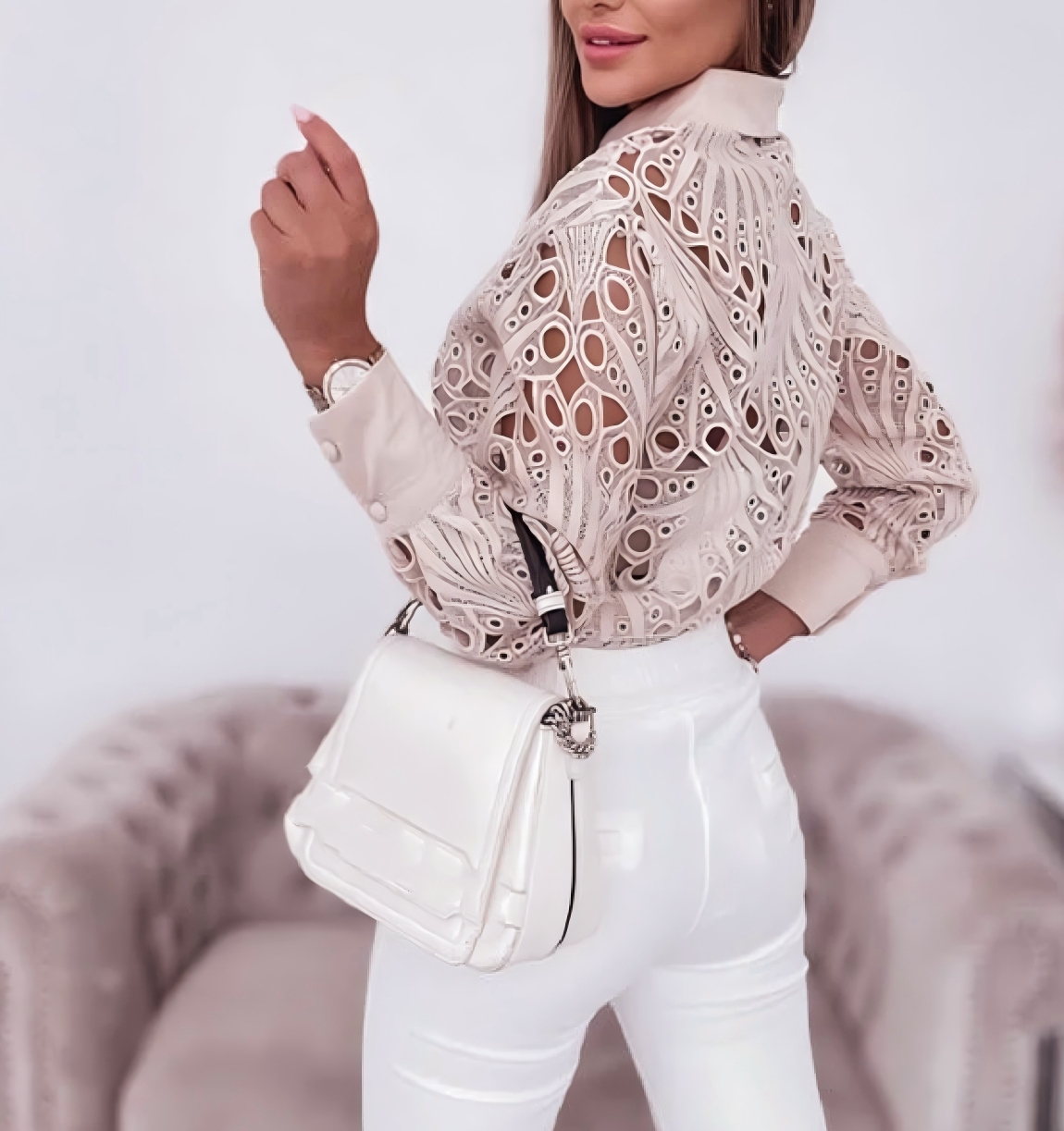 Chemisiers pour femmes chemise à manches longues évidée décontracté solide boutonné avec revers et devant ouvert Camisas Femininas