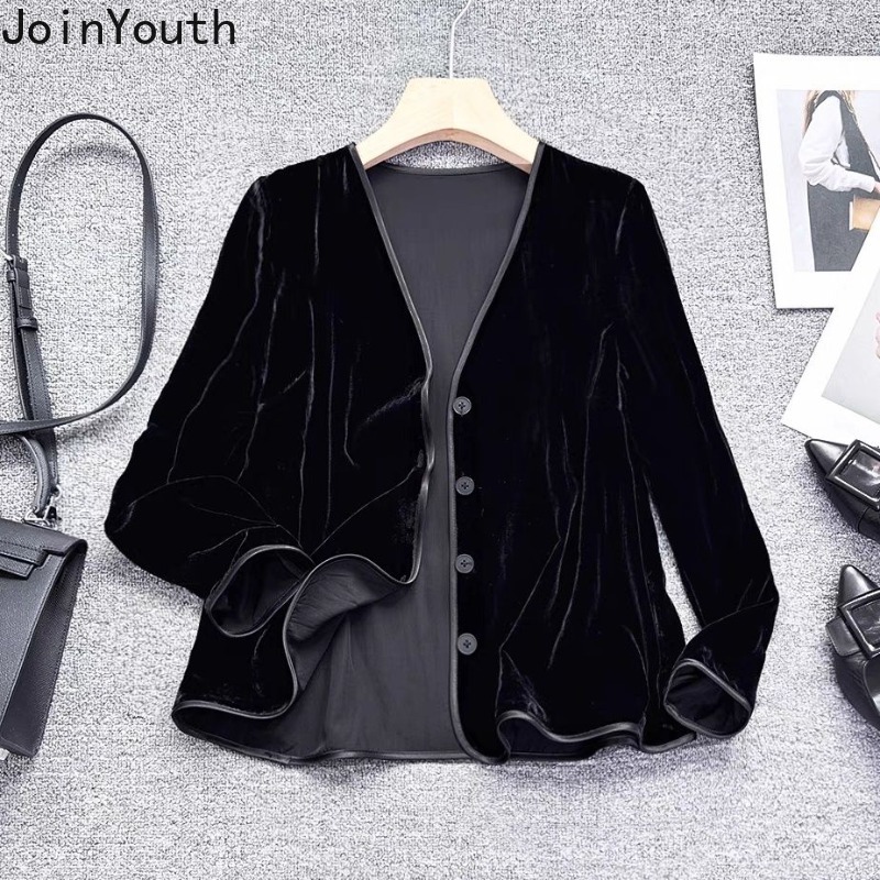 Vestes noires en velours pour femmes, vêtements d'extérieur Vintage de Style chinois, hauts surdimensionnés, col en v, manteaux de tempérament Chic, 2025
