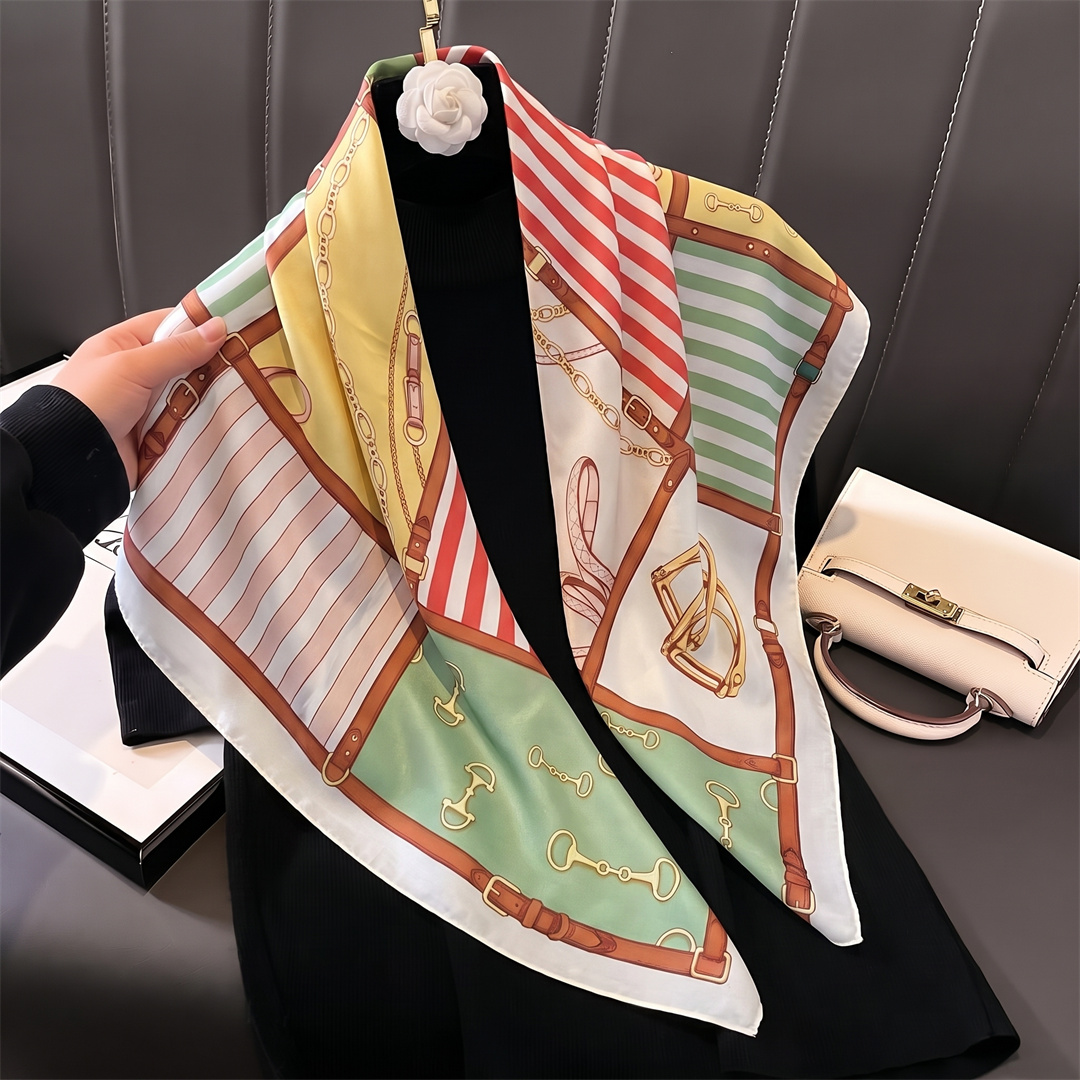 Foulard imprimé chaîne pour femme, 90 cm, en satin de soie, écharpe de tête, foulard carré, bandana pour femme
