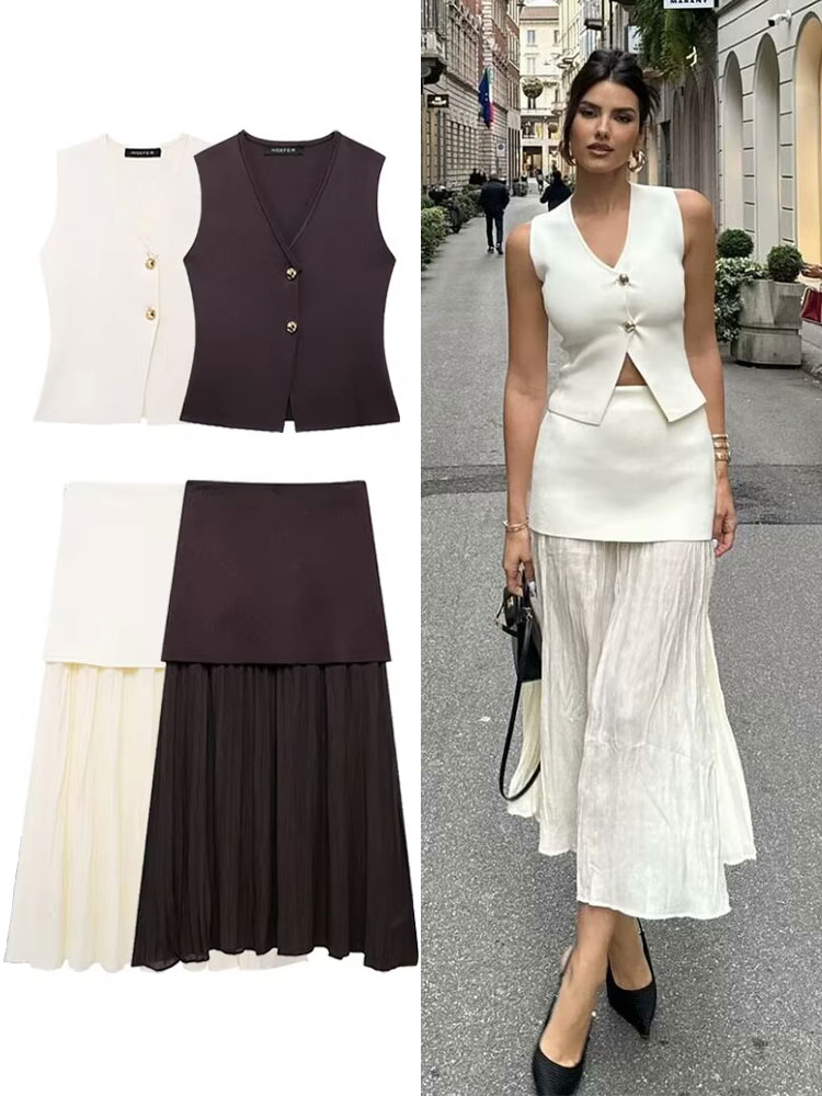 HH femmes élégant solide tricoté gilets jupes costumes col en V gilet Patchwork jupe Midi été décontracté femme 2 pièces ensembles
