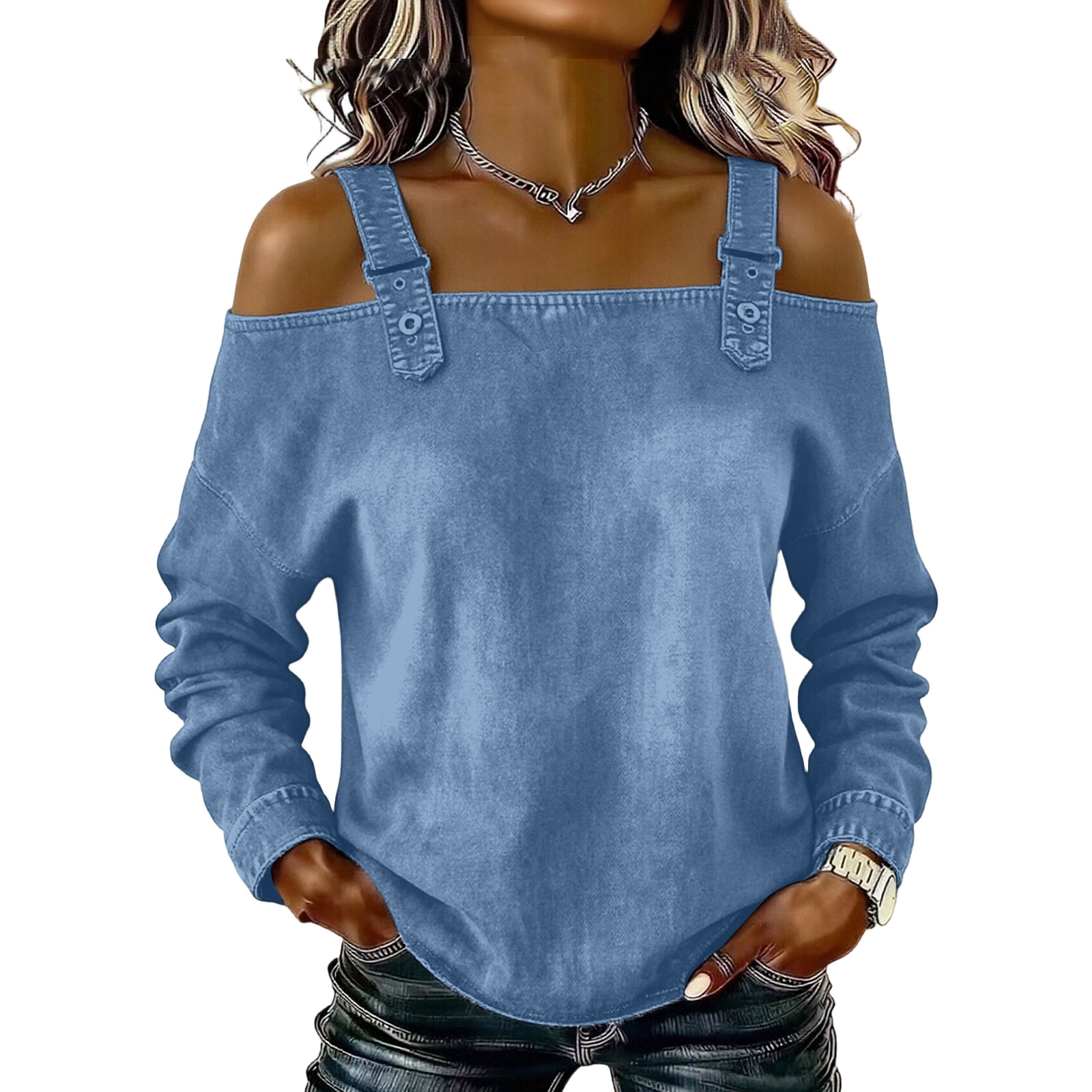Haut en jean pour femme, haut élégant à épaules dénudées et manches longues avec bretelles, chemise en jean élégante et polyvalente, Streetwear