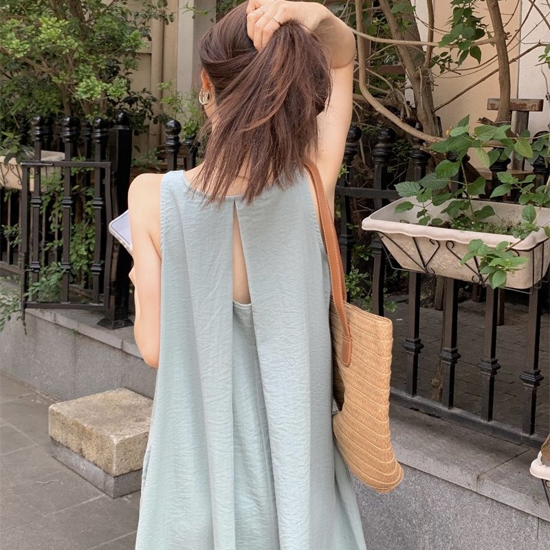 Robe longue froncée à col rond pour femme, coupe ample, dos nu, sans manches, style coréen, pour la ville