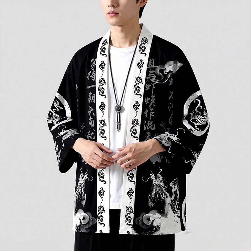 Kimono Cardigan Imprimé Dragon Japonais Homme Femme, Veste Haori Harajuku, Yukata Peinture à l'Encre Chinoise, Ample et Ouvert sur le Devant, Style Streetwear