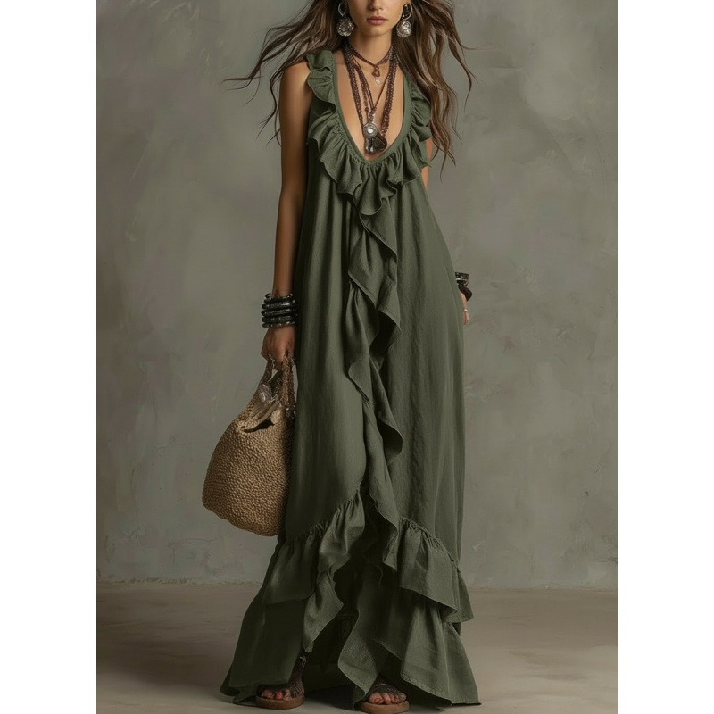 Robe longue bohème à volants, décolleté en V profond, sans manches, à volants en cascade, ample et fluide, longueur ras du sol, pour la plage, les vacances, décontractée, robe longue de plage