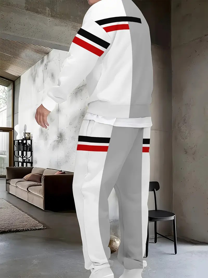 Le nouveau ensemble de sweat-shirt à col rond pour hommes pour le printemps et l'automne 2025 présente une impression de motifs rayés 3D décontractés et confortables