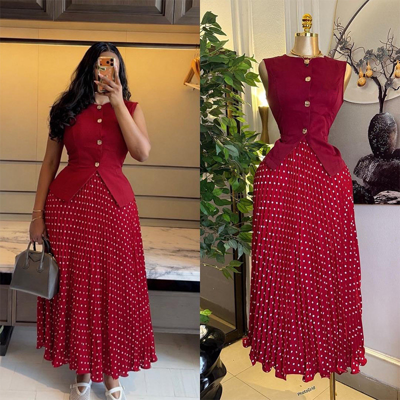 Ensemble de robe élégante pour femmes, style africain, col rond, sans manches, haut à boutons, jupe plissée à pois taille haute, tenue de soirée