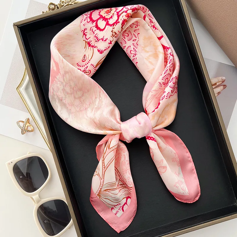 Foulard carré imprimé floral 70x70cm pour femmes, Hijab à la mode, bandeau en Satin doux, Foulard Bandana, cravates