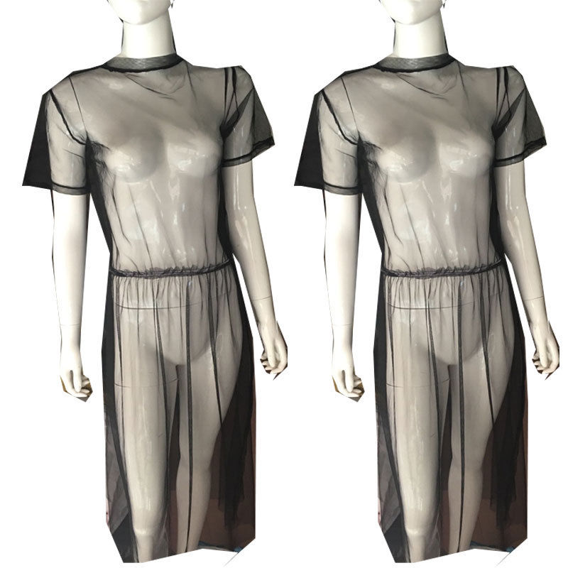 Robe d'été en maille Volie pour femmes, robe d'été en gaze noire transparente, demi-manches, dentelle, vêtements d'extérieur sexy, 1 pièce, été, 2022