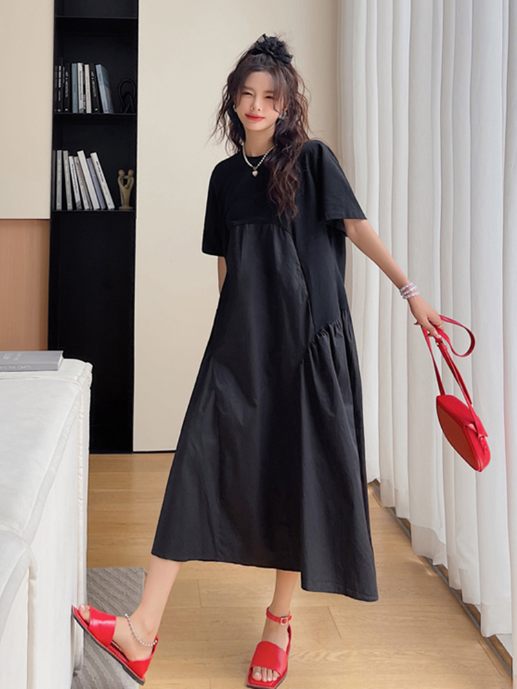 Robes plissées noires vintage patchwork pour femmes, nouvelle mode coréenne, manches courtes, coupe ample, décontractée, longue robe d'été, vêtements 2026