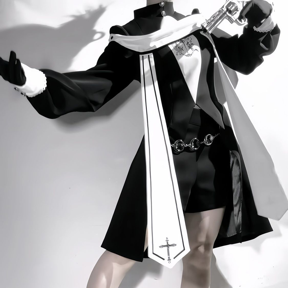 Costume de cosplay de nonne gothique, robe lolita sombre originale, uniforme pour femmes, ensemble manteau long noir et short, tenues d'Halloween