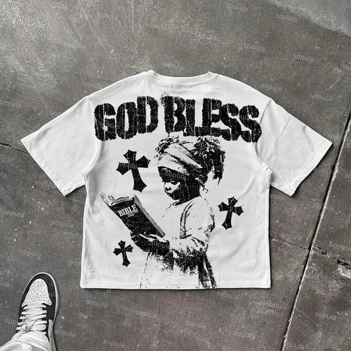 Dieu bénisse prière pour enfants imprimé graphique coton T-shirt hommes femmes haute qualité hauts Style Vintage T-shirt extérieur Streetwear