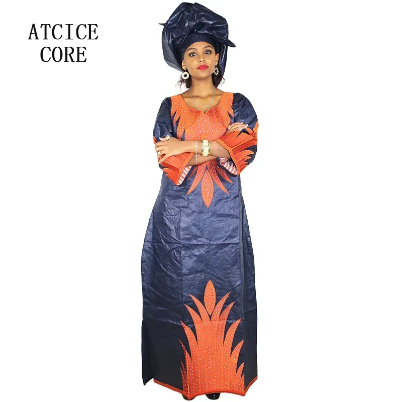 Robe africaine longue en tissu bazin riche pour femme, tenue brodée avec cravate de sauna