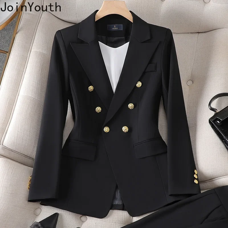 Ensemble élégant 2 pièces pour femmes, vêtements Blazer à Double boutonnage, manteau, taille haute, pantalon droit, costume coréen, tenues de bureau