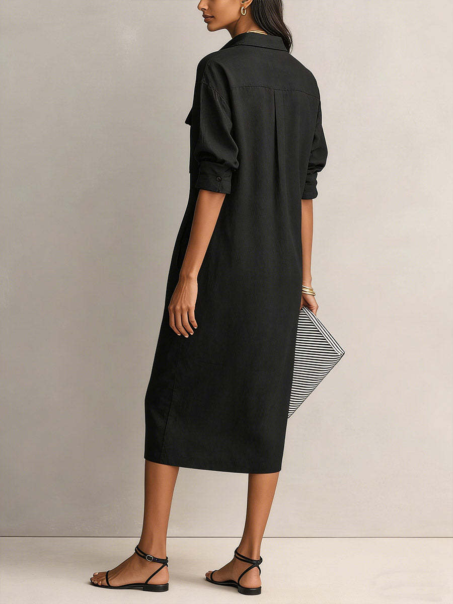 Robe chemise minimaliste unie pour femme, élégante, à demi-manches, col rabattu boutonné, avec poches, robe décontractée quotidienne, robes midi