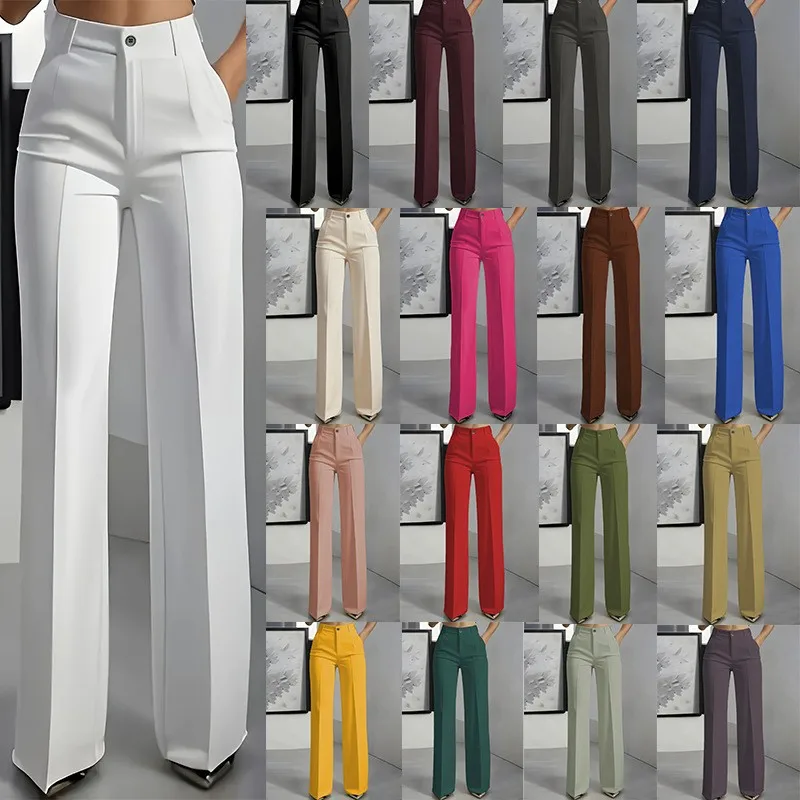 Pantalon de costume taille haute coupe droite pour femme, pantalon de bureau formel, coupe ajustée, couleur unie classique