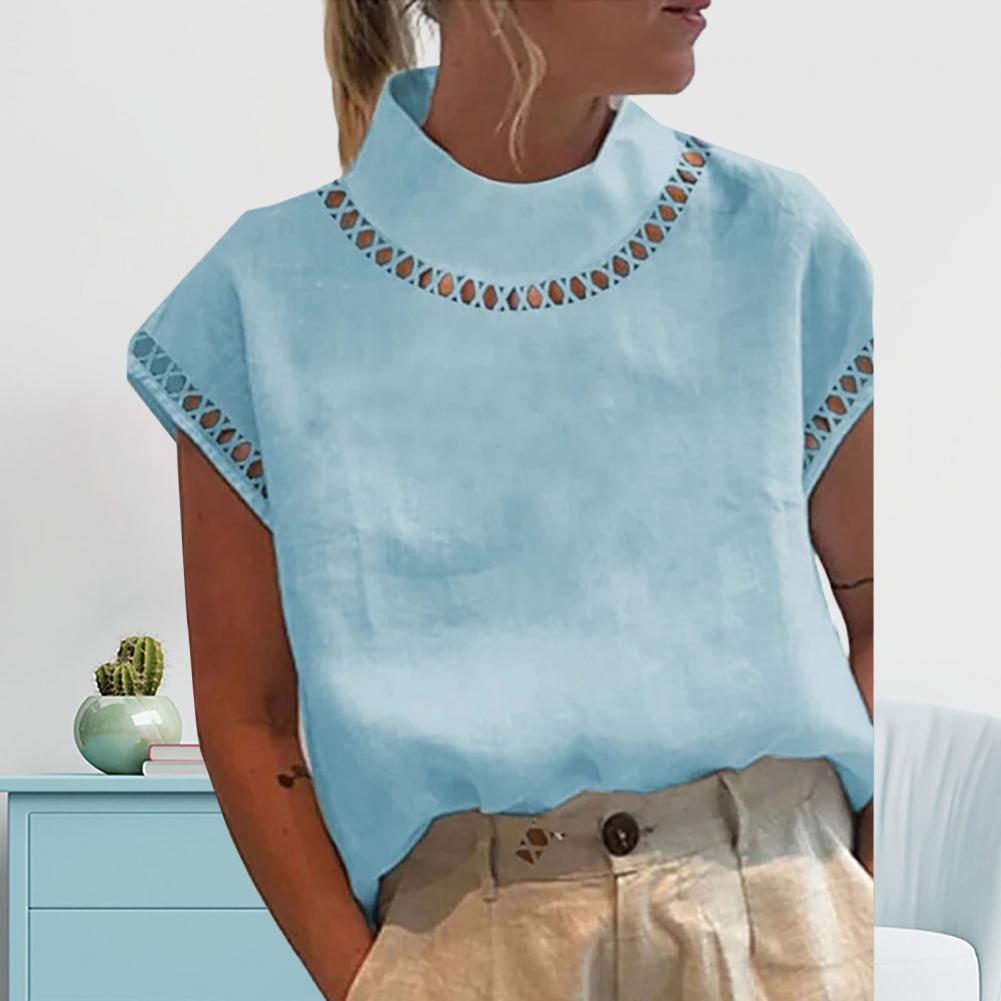 Femmes décontracté col rond coton lin Blouses printemps évider épissage bureau haut été à manches courtes en vrac Vintage vêtements chemises