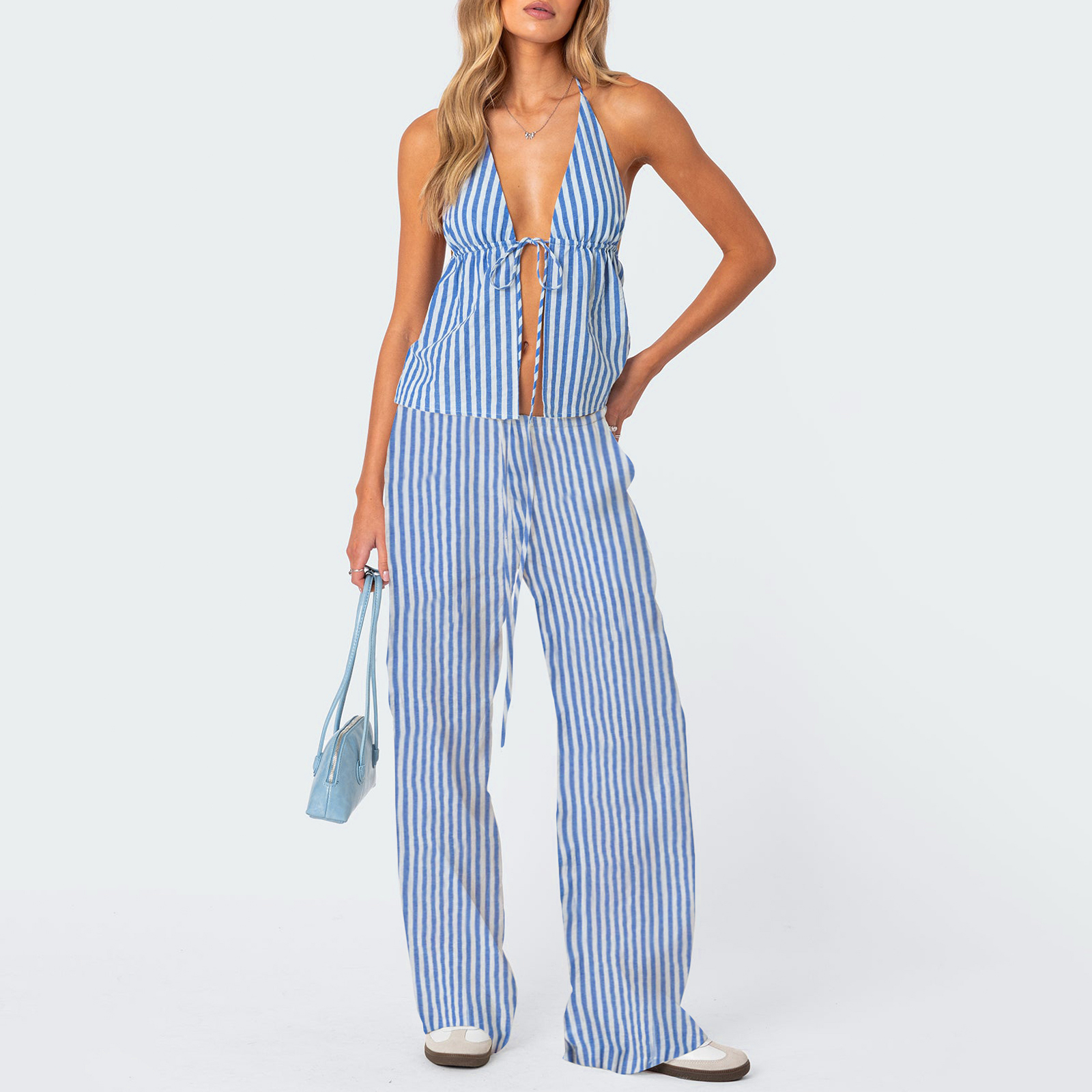 Pantalon à rayures et dos nu pour femme, tenue d'été à la mode, col licou, pantalon à jambes larges, ensemble de vêtements 2 pièces