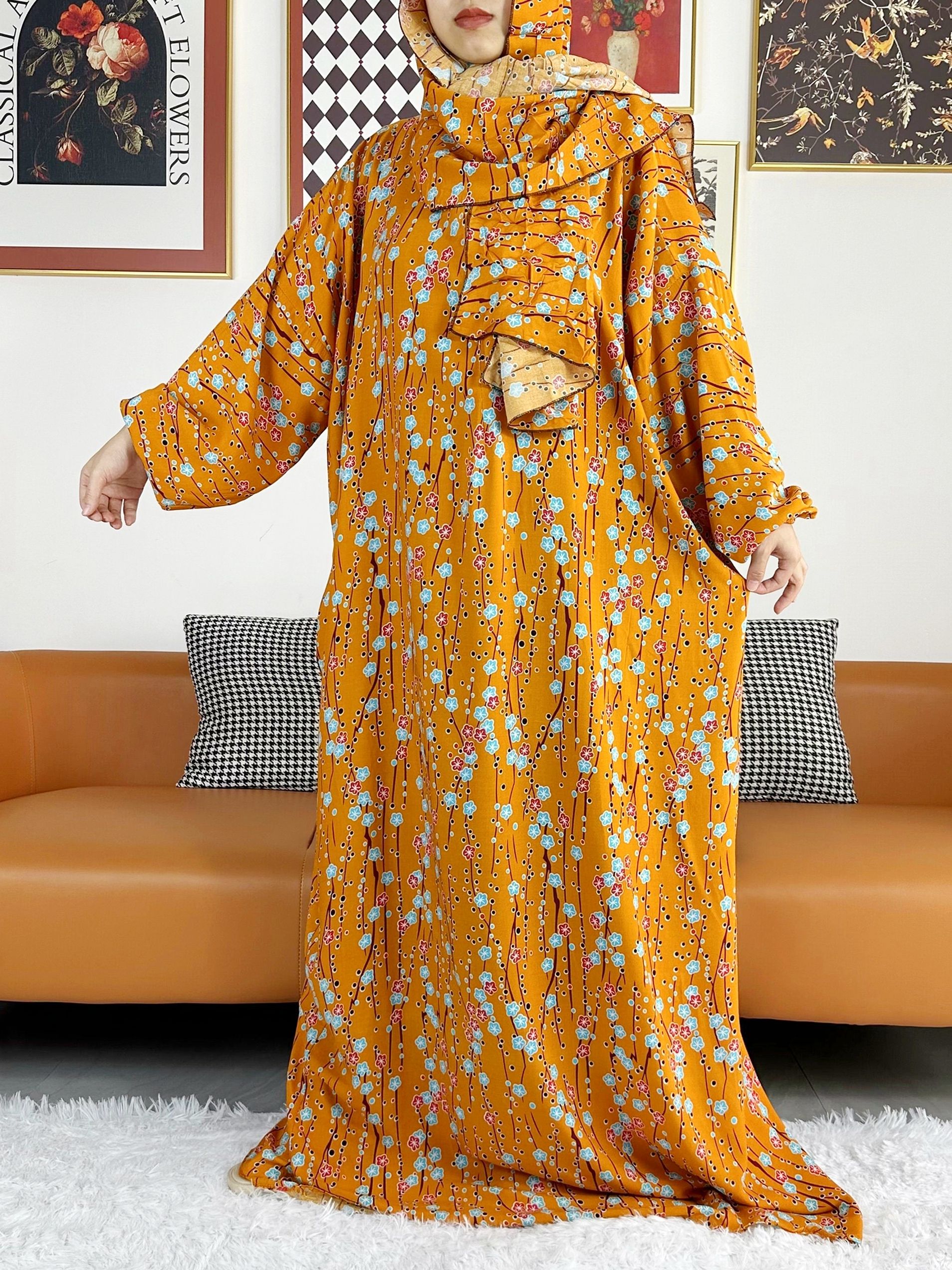 Abaya à capuche pour femmes musulmanes, vêtement de prière en coton africain, Kaftan avec Hijab, imprimé Floral, Robe saoudienne de dubaï au Ramadan, 2025