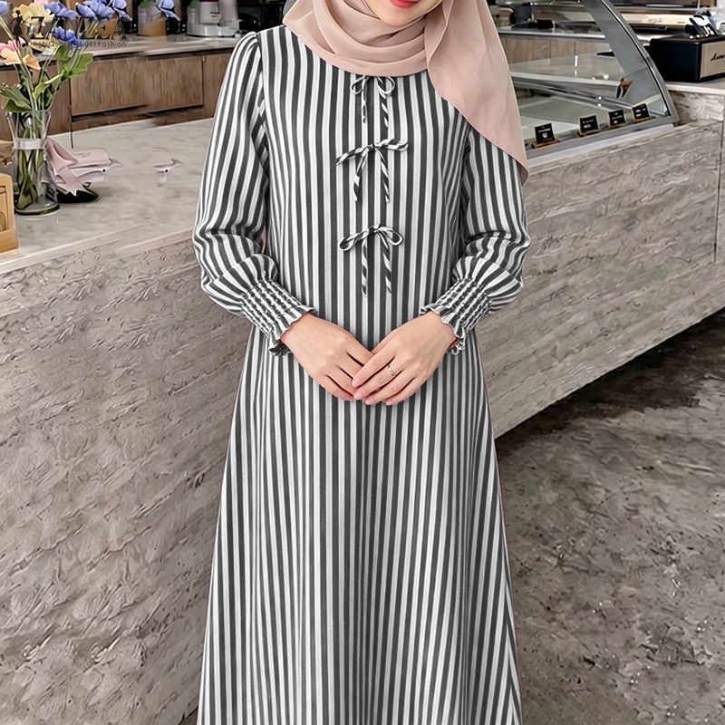 Robes Abaya Musulmanes Élégantes ZANZEA 2026 pour Femmes, Col Rond, Manches Longues, Robe Rayée Décontractée, Kaftan, Robe du Ramadan, Vêtements Islamiques