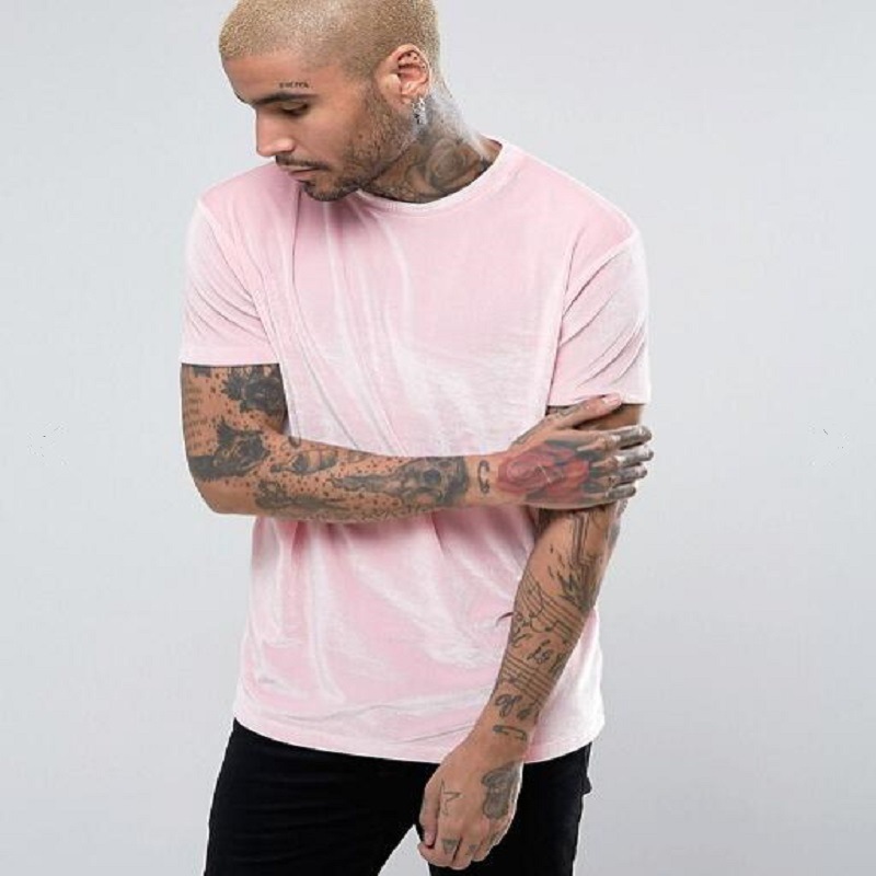T-shirt à manches courtes en velours pour hommes, mode coréenne, rose, jaune, noir, streetwear, hip hop, vintage, velours, t-shirts
