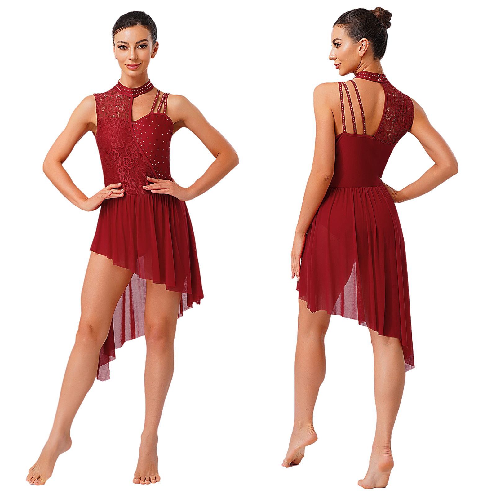 Robe justaucorps de danse lyrique pour femmes, dentelle florale, strass, robe asymétrique pour gymnastique, Ballet, valse, spectacle de danse latine