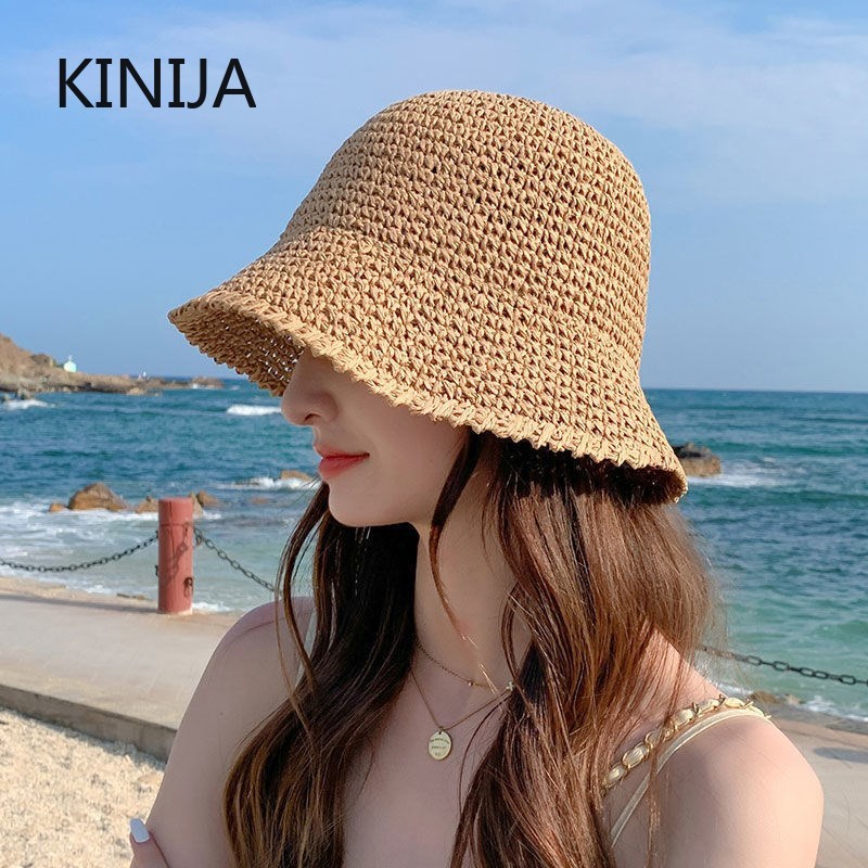 Plage coréenne Chapeau de paille été femmes visière seau Chapeau pêcheur Chapeau tissage à la main Panama fille pêche Chapeau soleil chapeaux outil