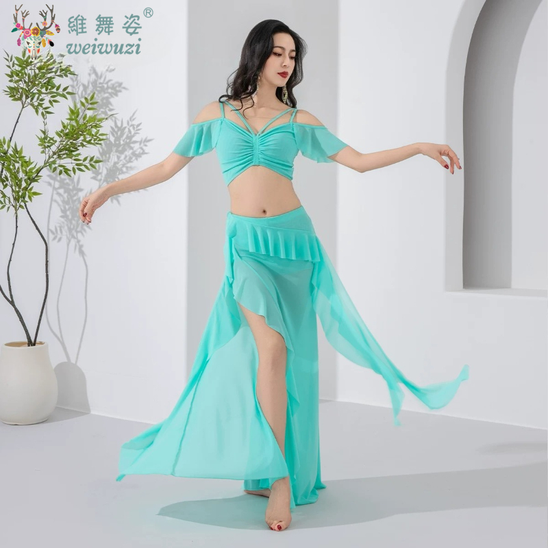 Ensemble de costumes de danse du ventre élégants pour femmes, vêtements d'entraînement doux et confortables pour l'été, haut + jupe, tenue d'entraînement de danse du ventre orientale