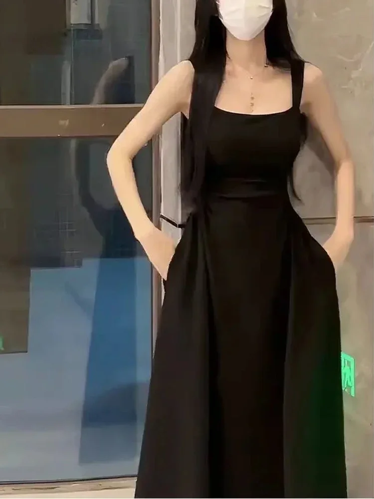 Robe midi pour femme, style décontracté, couleur unie, camisole, style simple et élégant, noir, coréen, polyvalente, col carré, taille cintrée