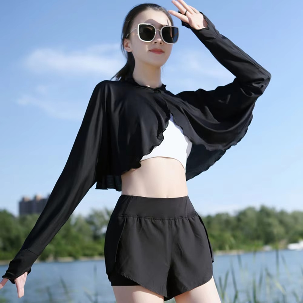 Nouvelle cape de protection solaire décontractée pour femme, couleur unie, respirante, à manches longues, en soie glacée fine, pour l'été et les activités de plein air