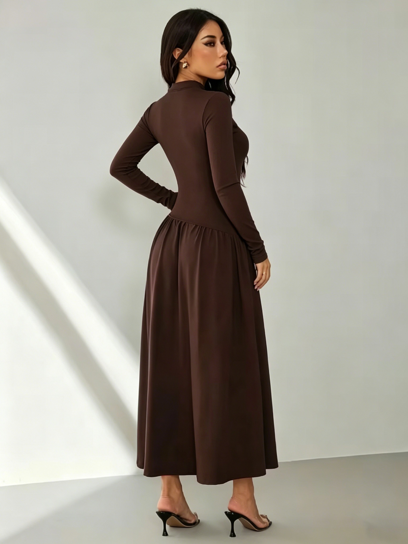 Robe patchwork pour femmes, décontractée, confortable, col rond, col montant, couleur unie, manches longues, jupe longue