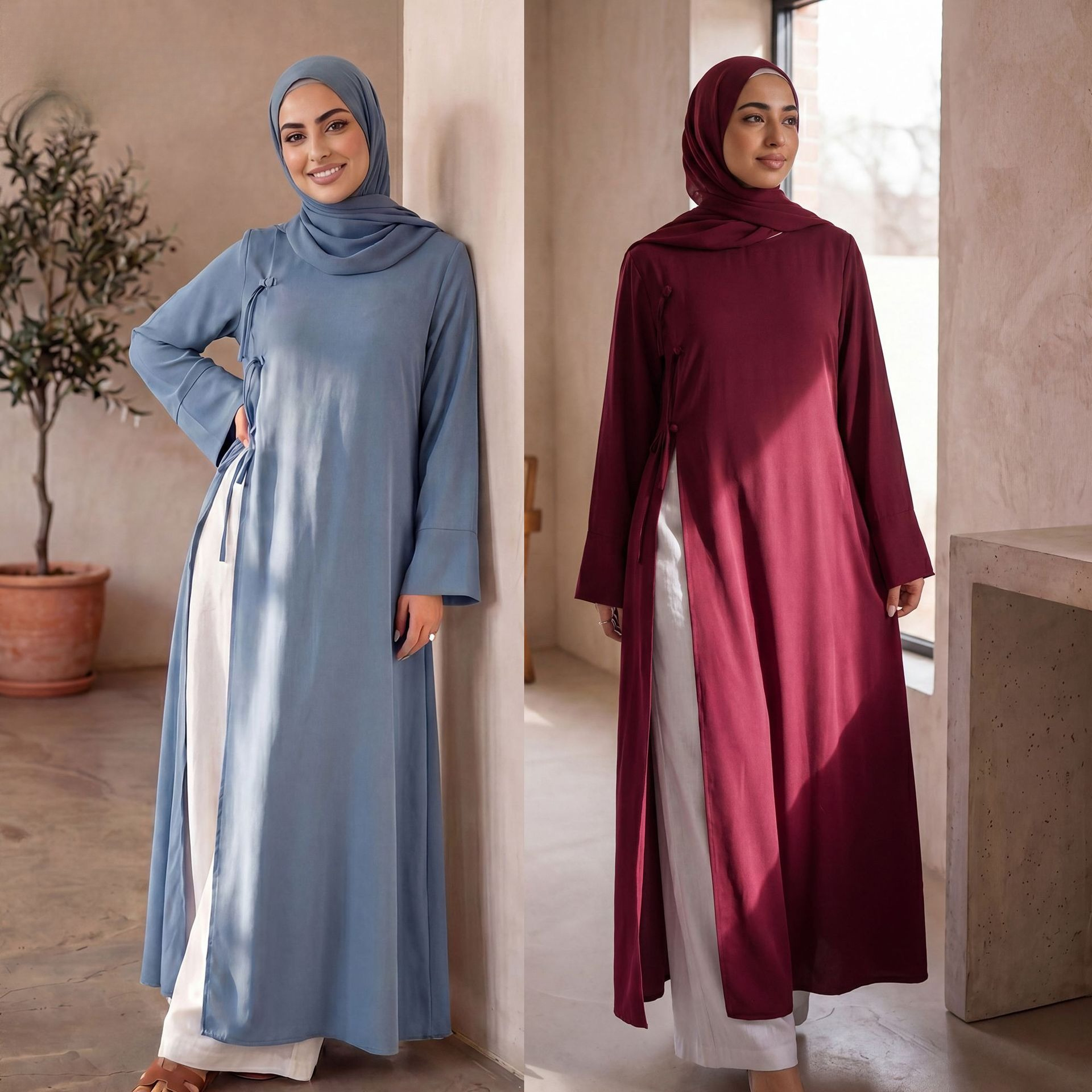 Abaya Longue Femme Musulmane Modeste pour l'Aïd, Blouse à Lacets Col Rond, Robe Maxi Ramadan Maroc Dubaï Islam Arabe Kaftan 2026