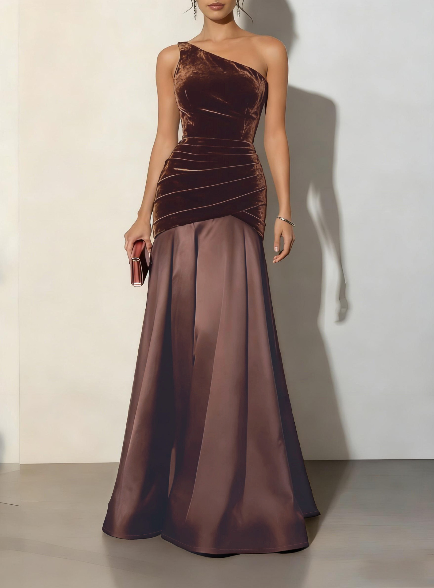 Nouvelle Robe de Soirée Formelle Longue Asymétrique pour Femme, Élégante en Velours Plissé avec Patchwork, Coupe Asymétrique pour Fêtes
