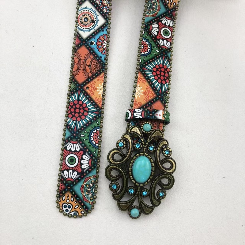 Ceinture à boucle turquoise perlée imprimée de style bohème européen et américain – Ceinture de taille pour femme tendance, polyvalente et à la mode
