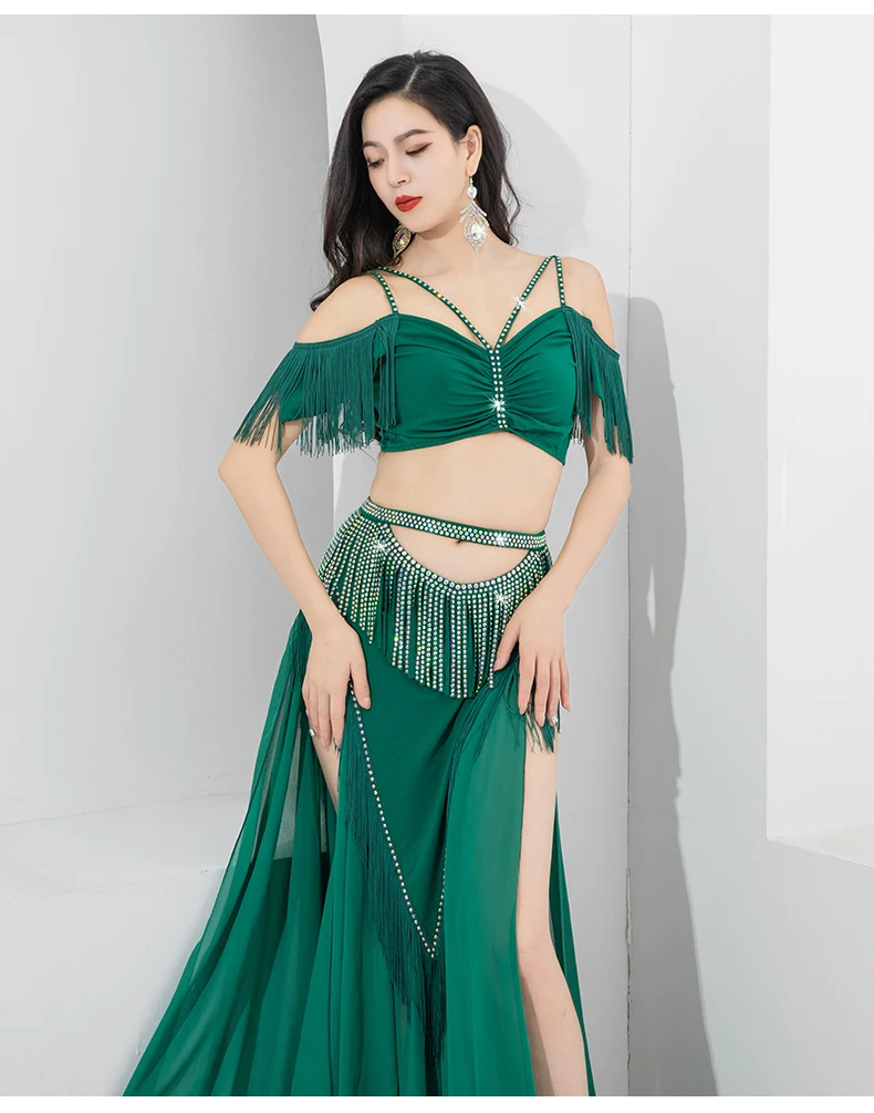 Costume de danse du ventre de groupe, jupe longue pour filles, vêtements d'entraînement à franges, écharpe triangulaire Shimmy, tenue de danse orientale pour femmes