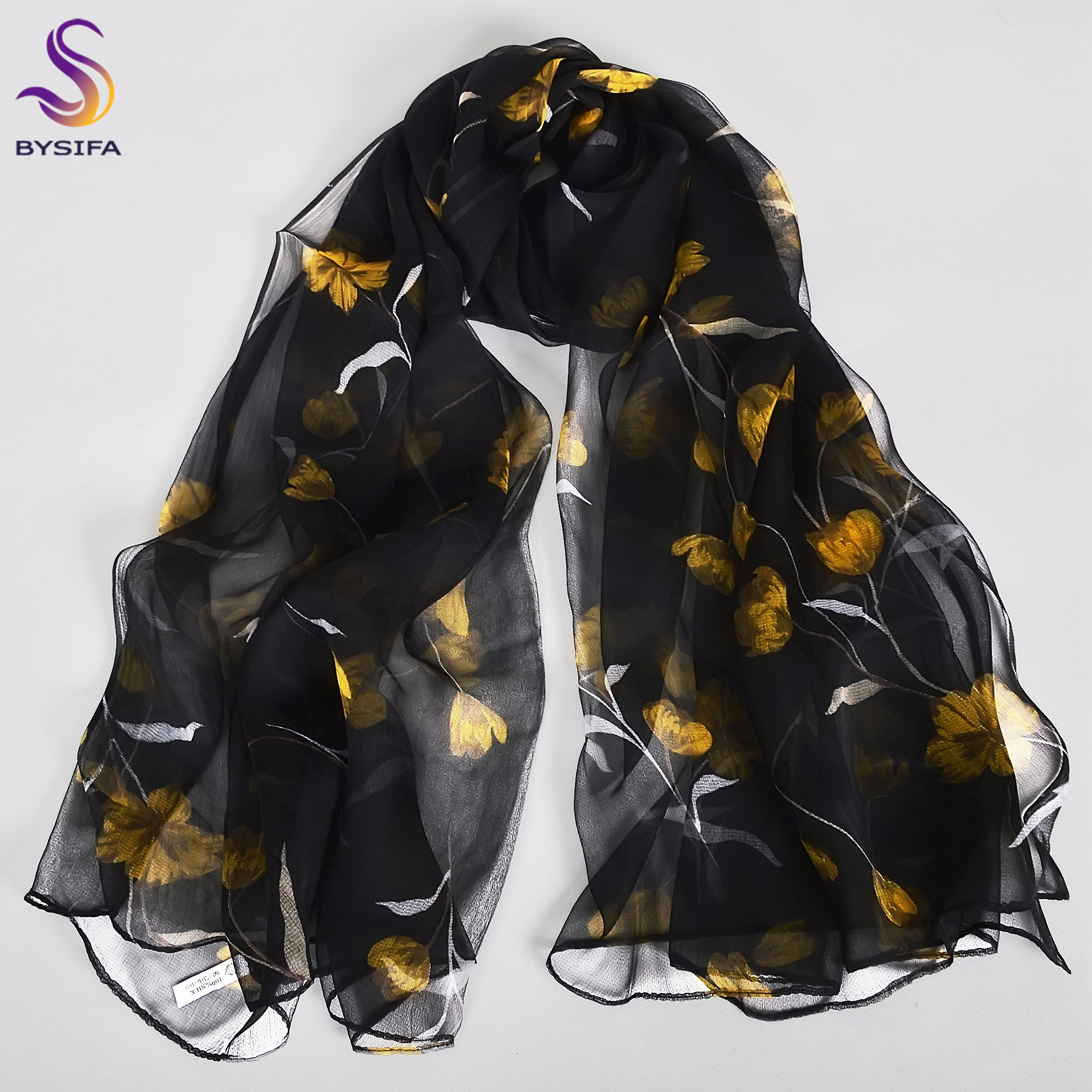 [BYSIFA] noir or femmes longue écharpe en soie imprimé élégant motif Floral marque 100% Pure soie foulards châles pour printemps automne