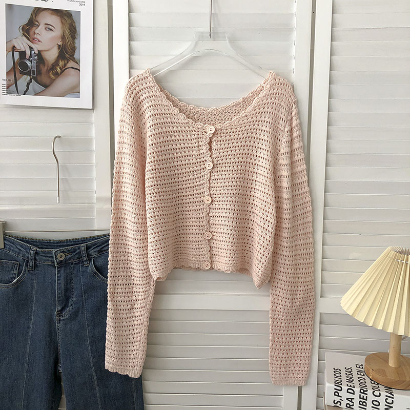 Cardigan en Crochet pour femmes, tricot ajouré transparent, manches longues, boutonné, haut court, haussement d'épaules pour adolescentes, tenue d'automne et de printemps Y2K