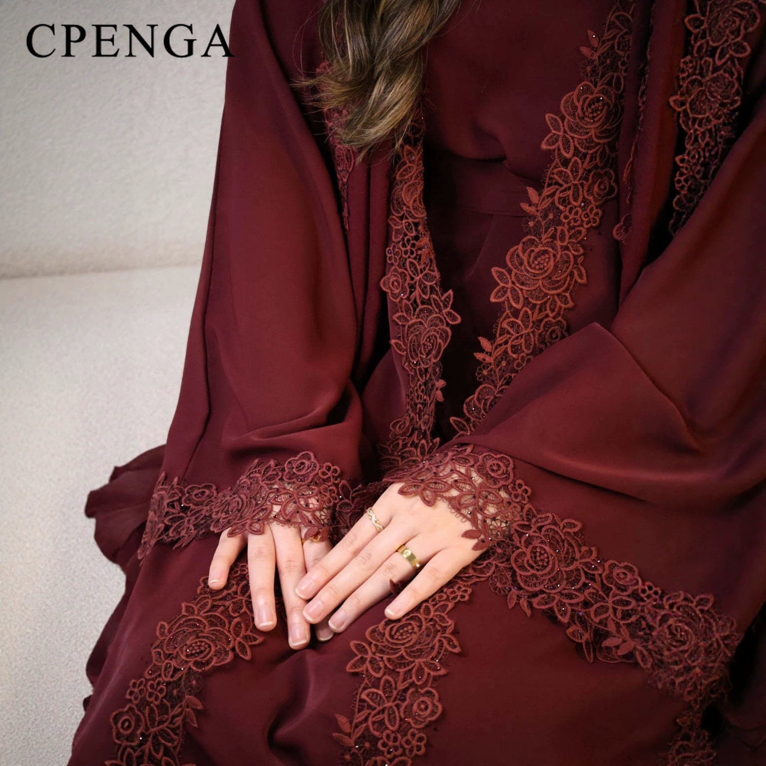 Ensemble de 3 pièces de luxe pour femmes, hijab, abaya, robe de soirée musulmane, kaftan de Dubaï, dentelle florale perlée, tenue de fête modeste pour l'Aïd